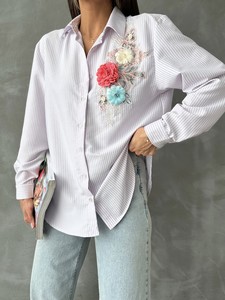 Topshow Lilac Flower Detailed Striped Wholesale Shirt #3