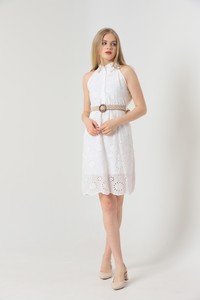 Topshow Cream Wholesale Shirt Collar Zero Sleeve Wholesale Knee Dress #3