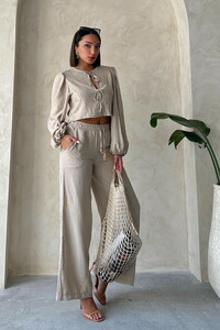 Topshow Embroidered Detailed Wholesale Linen Pants - Stone #2