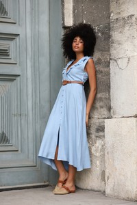 Topshow Blue Belted Linen Wholesale Dress #3