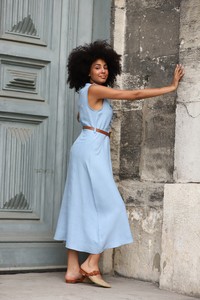 Topshow Blue Belted Linen Wholesale Dress #5