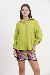 Topshow Pistachio Green Pocket Detailed Linen Wholesale Shirt #2