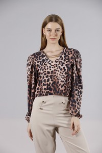 Topshow Big Leopard Shoulder Pleated Chain V Neck Wholesale Blouse #3