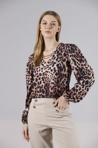 Topshow Big Leopard Shoulder Pleated Chain V Neck Wholesale Blouse #2