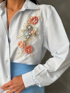 Topshow Light Blue Floral Detailed Striped Wholesale Shirt #4