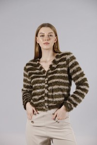 Topshow Khaki Stone Striped Bearded Plush Wholesale Cardigan #3