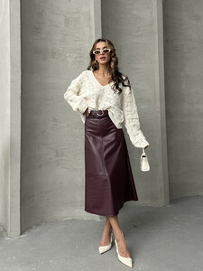 Topshow Burgundy Leather Belted Wholesale Skirt #2