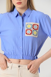 Topshow Blue Wholesale Shirt with Elastic Waist Sleeves and Embroidered Pockets #4