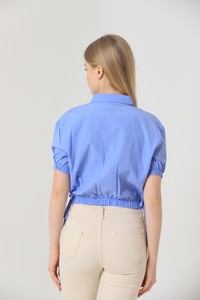 Topshow Blue Wholesale Shirt with Elastic Waist Sleeves and Embroidered Pockets #5