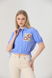 Topshow Blue Wholesale Shirt with Elastic Waist Sleeves and Embroidered Pockets #3