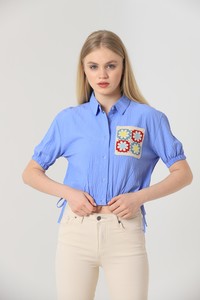 Topshow Blue Wholesale Shirt with Elastic Waist Sleeves and Embroidered Pockets #2