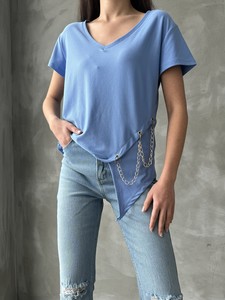 Topshow Blue V-Neck Chain Wholesale Blouse #3