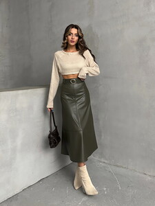 Topshow Khaki Leather Belted Wholesale Skirt #3