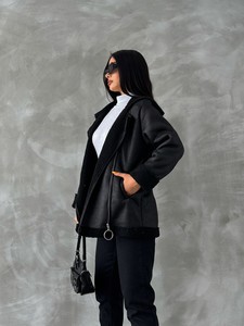 Topshow black leather zipper collar fur coat #3