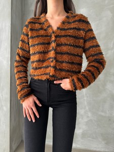 Topshow Brown Black Striped Bearded Plush Wholesale Cardigan #3