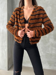 Topshow Brown Black Striped Bearded Plush Wholesale Cardigan #2