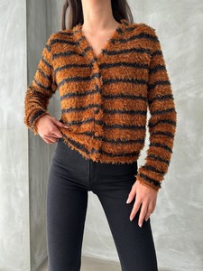 Topshow Brown Black Striped Bearded Plush Wholesale Cardigan #4