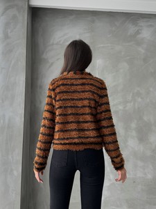 Topshow Brown Black Striped Bearded Plush Wholesale Cardigan #5