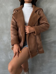 Topshow Camel Camel leather zipper collar fur coat #4