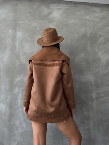 Topshow Camel Camel leather zipper collar fur coat #5