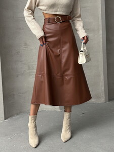 Topshow Tan Leather Belted Wholesale Skirt #3