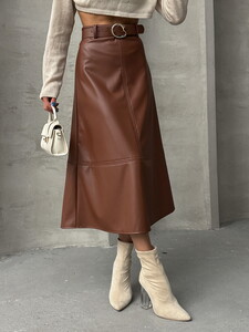 Topshow Tan Leather Belted Wholesale Skirt #4