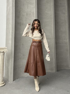 Topshow Tan Leather Belted Wholesale Skirt #2