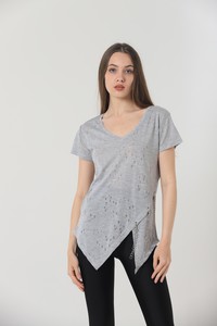 Topshow Gray Wholesale Hemline V-Cut Wholesale Blouse with Chain #1