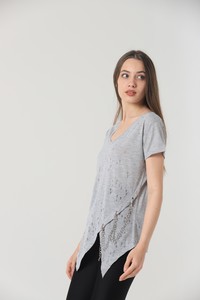 Topshow Gray Wholesale Hemline V-Cut Wholesale Blouse with Chain #4