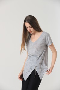 Topshow Gray Wholesale Hemline V-Cut Wholesale Blouse with Chain #5