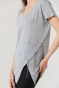 Topshow Gray Wholesale Hemline V-Cut Wholesale Blouse with Chain #2