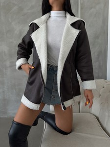 Topshow anthracite cream leather zipper collar fur coat #2