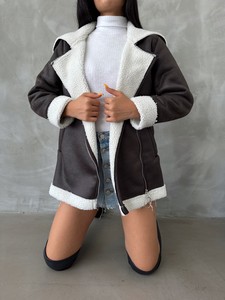 Topshow anthracite cream leather zipper collar fur coat #3