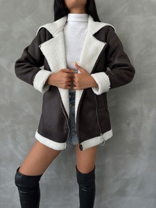 Topshow anthracite cream leather zipper collar fur coat #4