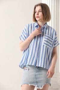 Topshow Blue Thick Line Striped Wholesale Shirt with Pockets #3