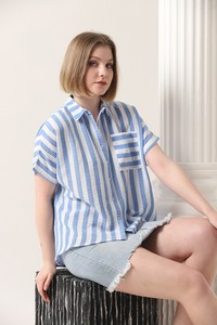 Topshow Blue Thick Line Striped Wholesale Shirt with Pockets #2