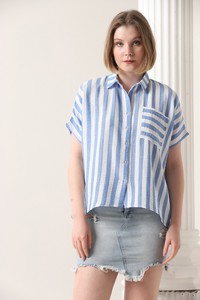 Topshow Blue Thick Line Striped Wholesale Shirt with Pockets #4