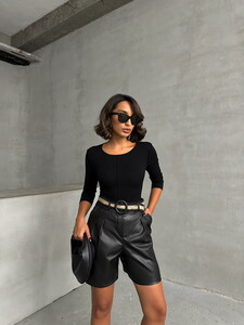 Topshow Black Belted Leather Shorts #2