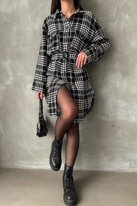 Topshow Black Plaid Houndstooth Plaid Wholesale Dress #1