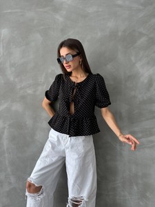 Topshow Black Stone Front Tie Polka Dot Wholesale Blouse #3