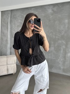 Topshow Black Stone Front Tie Polka Dot Wholesale Blouse #2