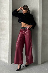 Topshow Burgundy Black Leather Wholesale Pants #1