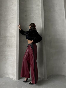 Topshow Burgundy Black Leather Wholesale Pants #3