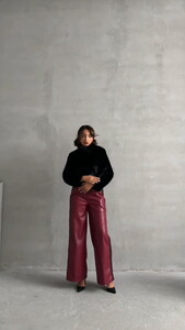 Topshow Burgundy Black Leather Wholesale Pants #2