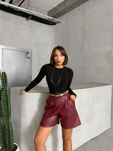 Topshow Burgundy Belted Leather Shorts #2