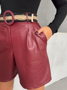 Topshow Burgundy Belted Leather Shorts #4