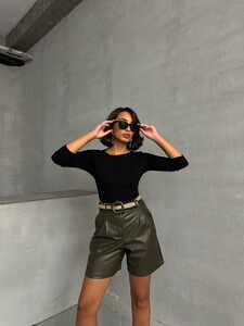 Topshow Khaki Belted Leather Shorts #2