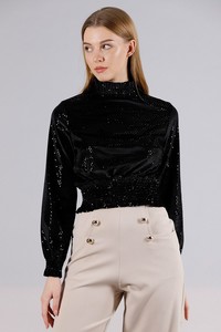 Topshow Black Silver Collar Sequined Wholesale Blouse #1