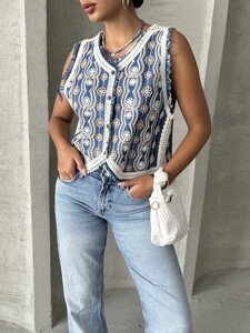 Topshow Cream Coffee Embroidered Denim Vest #4