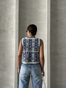 Topshow Cream Coffee Embroidered Denim Vest #5